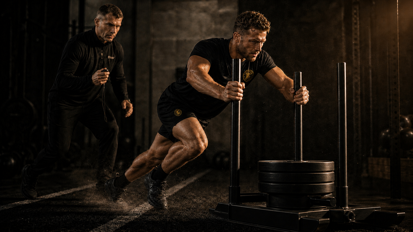 A Forge Elite athlete driving a weighted sled while his performance coach times the effort.